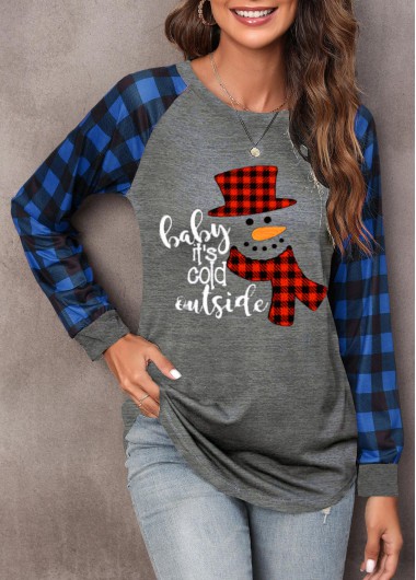 Blue tops,Christmas tops,Letter tops,Plaid tops,Long Sleeve Blue Christmas Snowman Print Sweatshirt