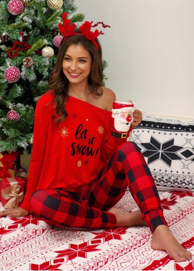 Red intimates,Plaid intimates,Letter intimates,Christmas intimates,Long Sleeve Red Christmas Plaid Loungewear Set