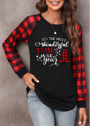 Red tops,Christmas tops,Letter tops,Plaid tops,Christmas Print Round Neck Red Long Sleeve Sweatshirt