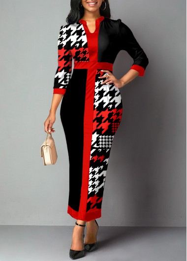 Black dresses,Houndstooth dresses,ROTITA Split Neck Black Bodycon Houndstooth Print Dress