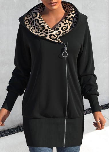 Black outerwear & coats,Leopard outerwear & coats,ROTITA Zipper Leopard Black Hooded Long Sleeve Coat