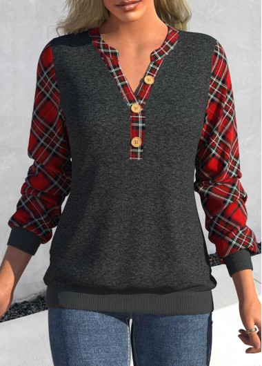 Dark Grey Marl tops,Plaid tops,ROTITA Button Tartan Print Dark Grey Marl Sweatshirt