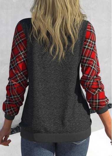 Dark Grey Marl tops,Plaid tops,ROTITA Button Tartan Print Dark Grey Marl Sweatshirt