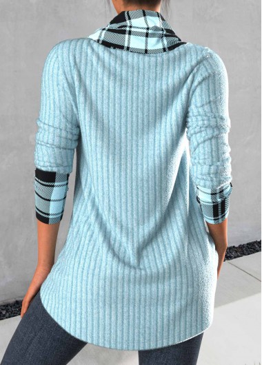 Light Blue tops,Plaid tops,ROTITA Cross Hem Tartan Print Light Blue Sweatshirt