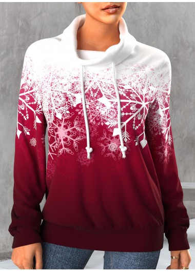Wine Red tops,Christmas tops,ROTITA Snowflake Print Wine Red Christmas Cowl Neck Sweatshirt