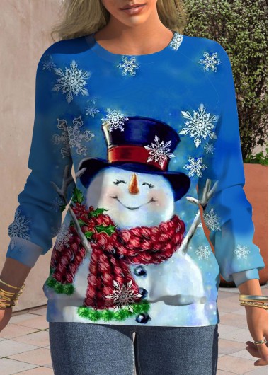 Blue tops,Christmas tops,Snowman Print Blue Round Neck Christmas Sweatshirt
