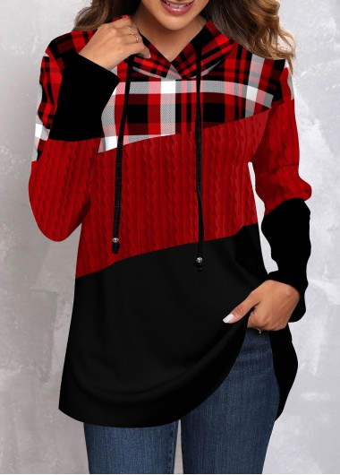 Red plus size,Plaid plus size,ROTITA Plus Size Twisted Tartan Print Red Long Sleeve Hoodie