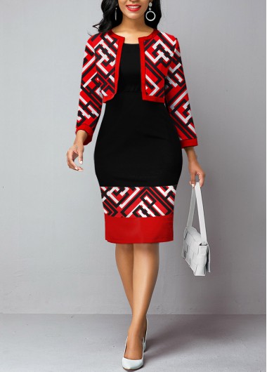 Red dresses,Geometric dresses,ROTITA Geometric Print Red Bodycon Dress and Cardigan