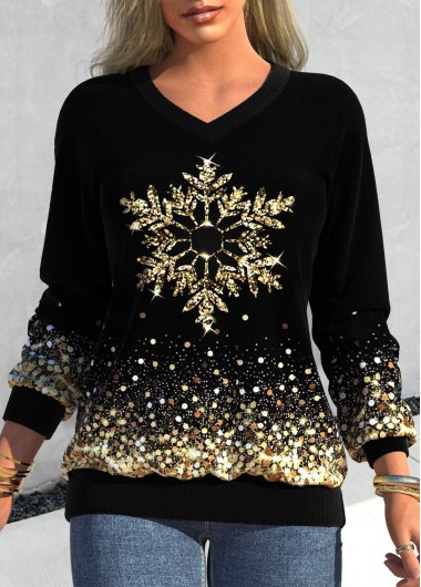 Black tops,Christmas tops,ROTITA Snowflake Print V Neck Black Long Sleeve Sweatshirt