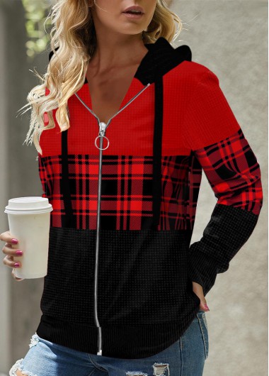 Red tops,Plaid tops,ROTITA Patchwork Plaid Red Long Sleeve Hoodie