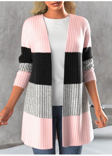 Light Pink tops,Contrast Color tops,ROTITA Long Sleeve Open Front Light Pink Cardigan