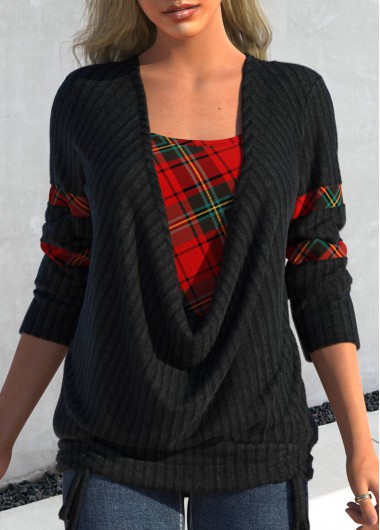 Black tops,Plaid tops,Geometric tops,ROTITA Plaid Black Faux Two Piece Tie Side Sweatshirt