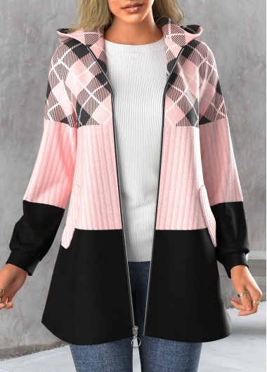 Light Pink outerwear & coats,Plaid outerwear & coats,ROTITA Zipper Plaid Light Pink Hooded Long Sleeve Jacket