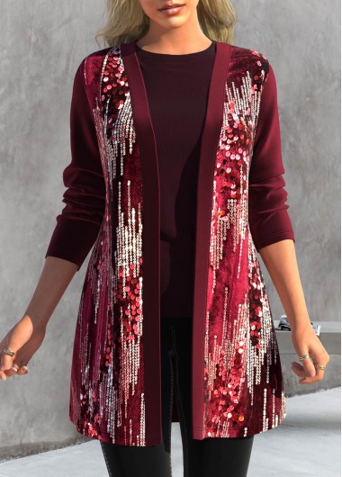 Wine Red tops,Plain Color tops,ROTITA Sequin Wine Red Long Sleeve Coat