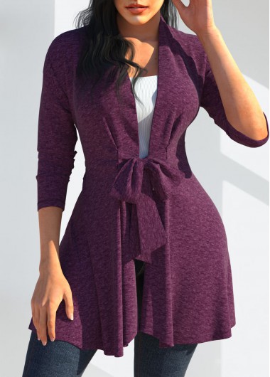 Dark Purple plus size,Plain Color plus size,ROTITA Plus Size Long Sleeve Bowknot Dark Purple Cardigan