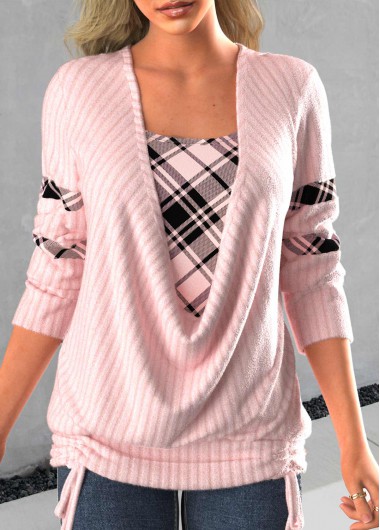 Light Pink plus size,Plaid plus size,ROTITA Plus Size Tie Side Light Pink Faux Two Piece Sweatshirt
