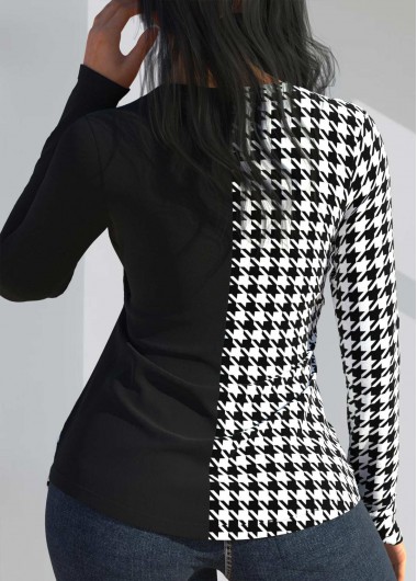 Black tops,Plaid tops,ROTITA Sequin Houndstooth Print Black V Neck T Shirt