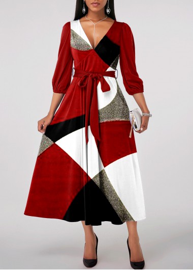 Red dresses,Geometric dresses,ROTITA Patchwork Geometric Print Red Belted V Neck Dress