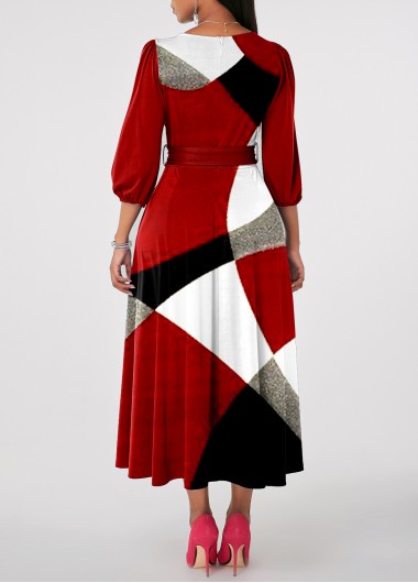 Red dresses,Geometric dresses,ROTITA Patchwork Geometric Print Red Belted V Neck Dress