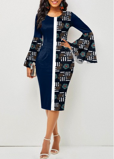 Navy dresses,Tribal dresses,ROTITA Patchwork Tribal Print Navy Round Neck Bodycon Dress