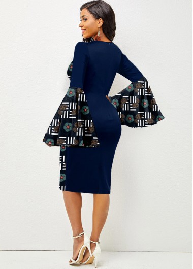 Navy dresses,Tribal dresses,ROTITA Patchwork Tribal Print Navy Round Neck Bodycon Dress
