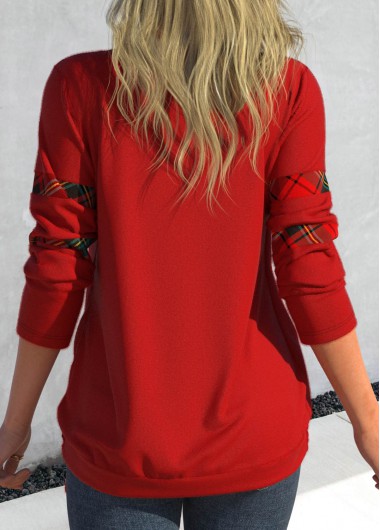 Red tops,Plaid tops,ROTITA Drawstring Plaid Red Square Neck Long Sleeve Sweatshirt