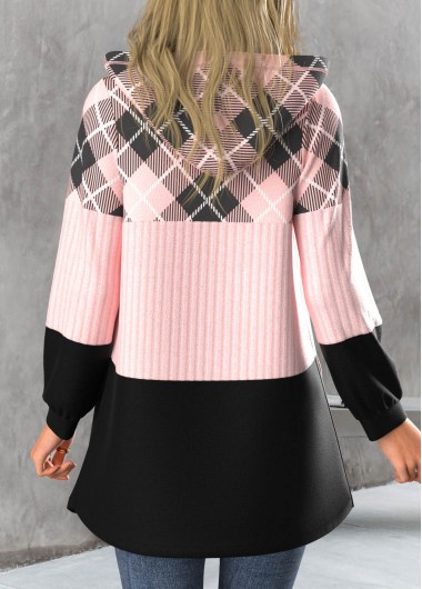 Light Pink plus size,Plaid plus size,ROTITA Plus Size Zipper Plaid Light Pink Hooded Long Sleeve Jacket