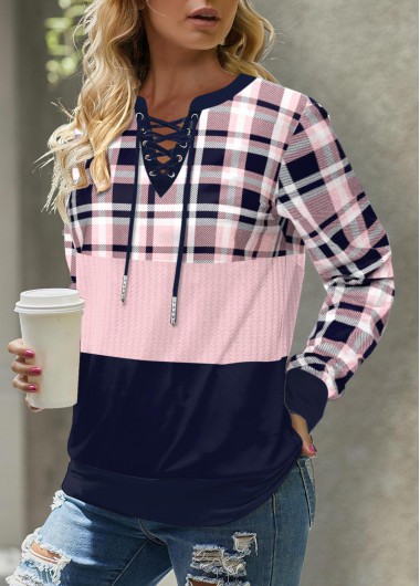 Light Pink tops,Plaid tops,ROTITA Lace Up Plaid Light Pink Long Sleeve Sweatshirt
