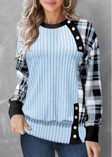 Light Blue tops,Plaid tops,ROTITA Button Plaid Light Blue Round Neck Sweatshirt