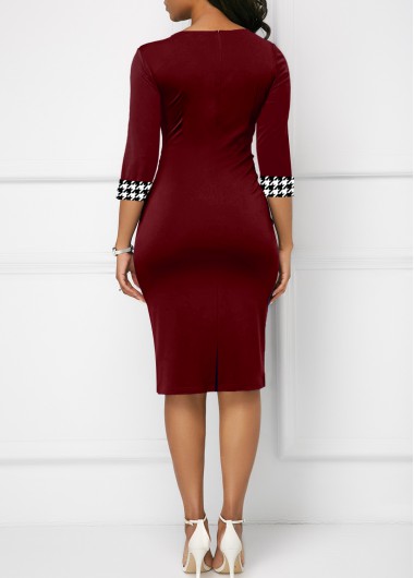 Deep Red dresses,Houndstooth dresses,ROTITA Bowknot Houndstooth Print Deep Red Bodycon Dress