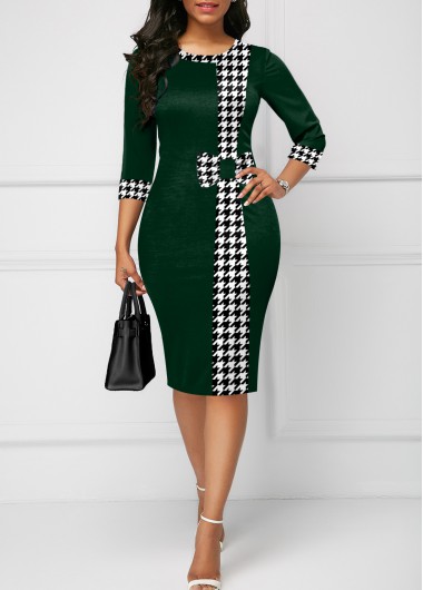 Blackish Green dresses,Houndstooth dresses,ROTITA Bowknot Houndstooth Print Blackish Green Bodycon Dress