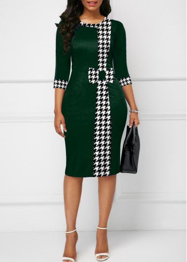 Blackish Green dresses,Houndstooth dresses,ROTITA Bowknot Houndstooth Print Blackish Green Bodycon Dress