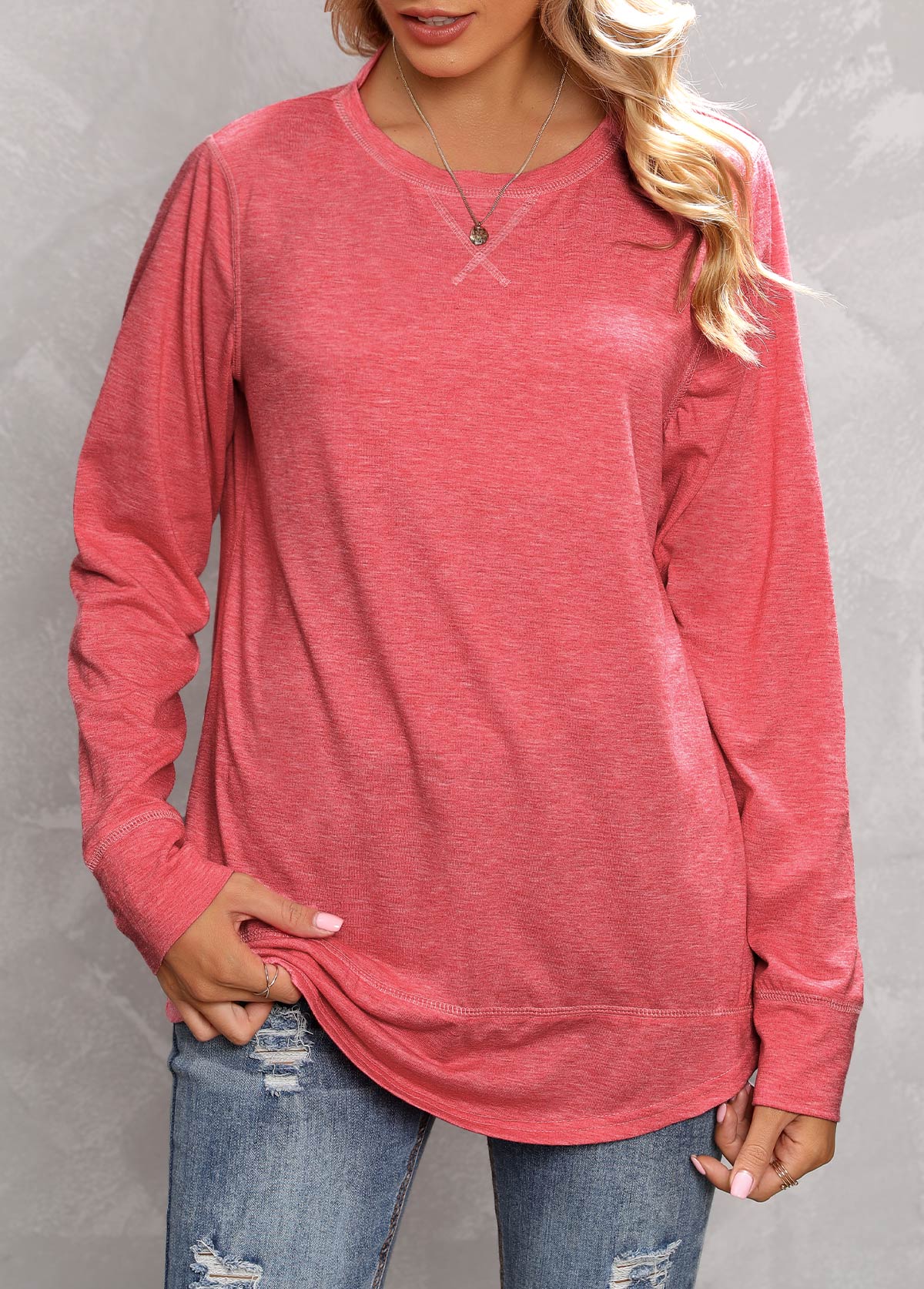 Peach Red tops,Plain Color tops,Peach Red Round Neck Long Sleeve T Shirt