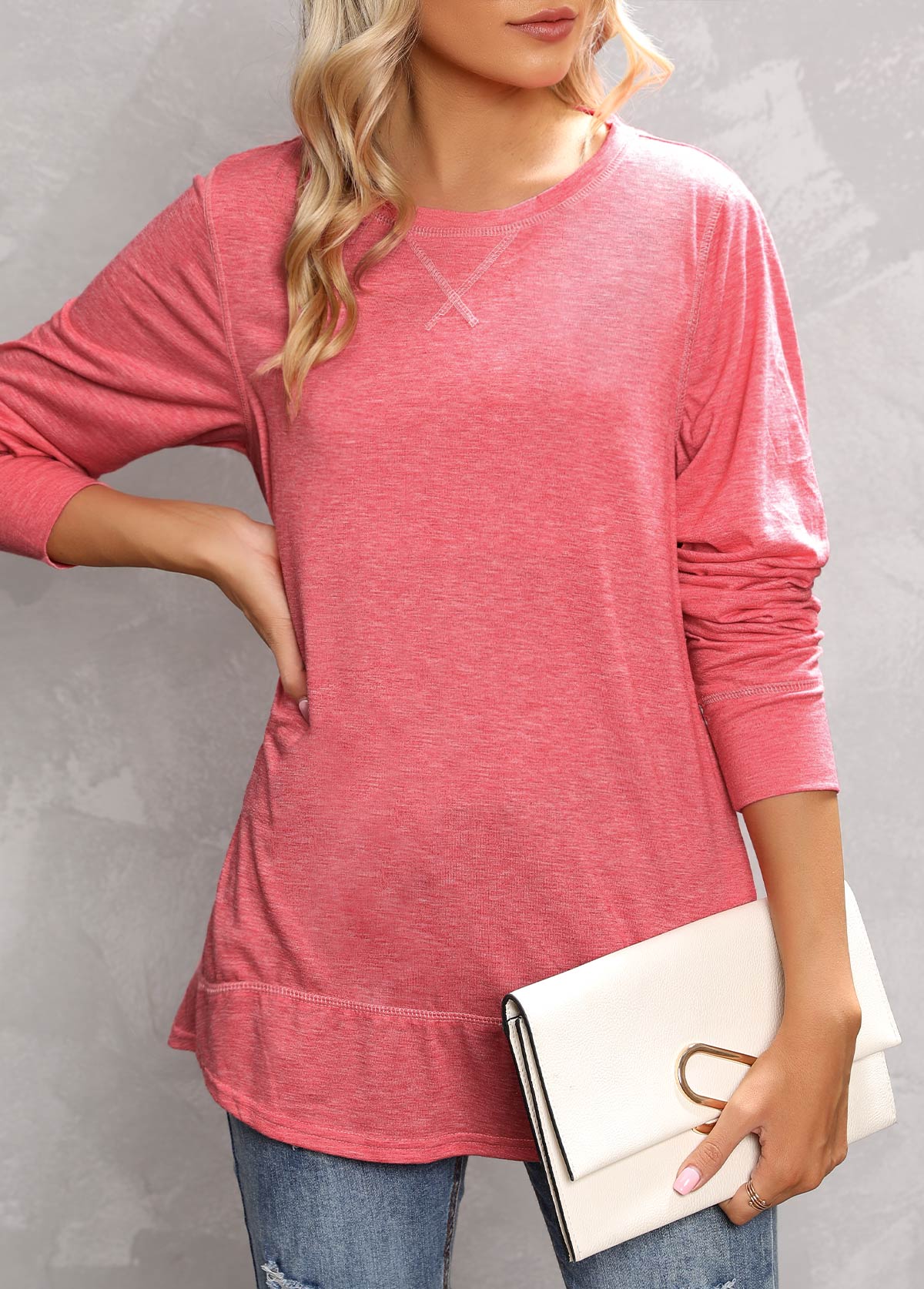 Peach Red tops,Plain Color tops,Peach Red Round Neck Long Sleeve T Shirt