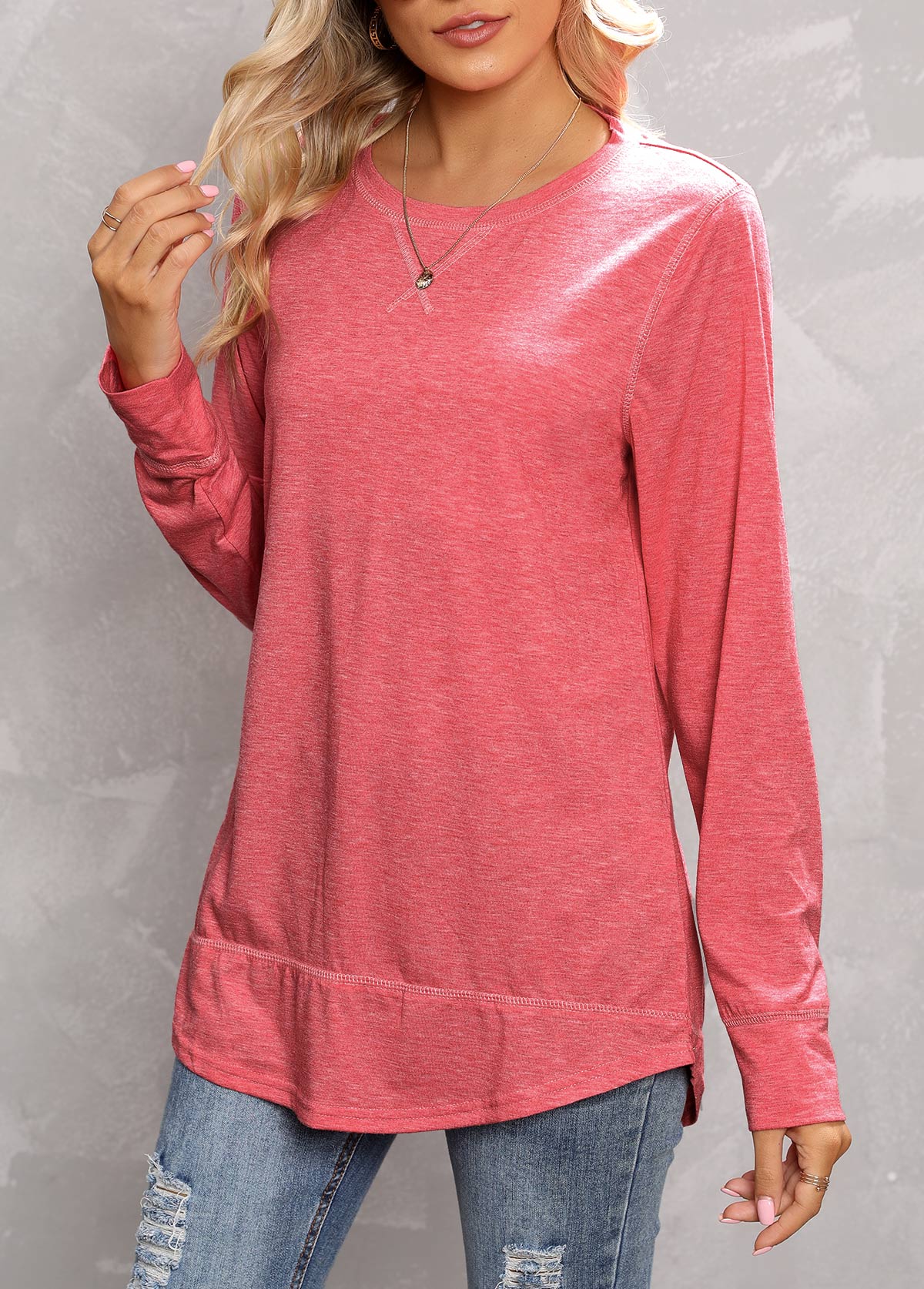 Peach Red tops,Plain Color tops,Peach Red Round Neck Long Sleeve T Shirt