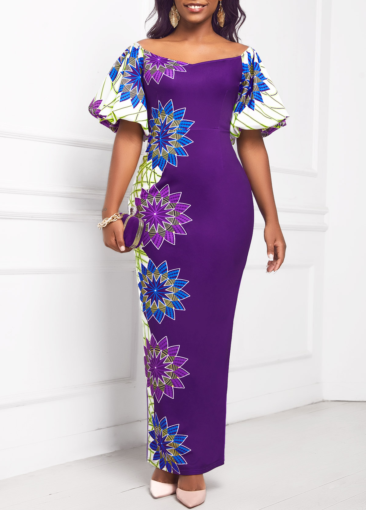 ROTITA Half Sleeve Purple Floral Print Maxi Dress