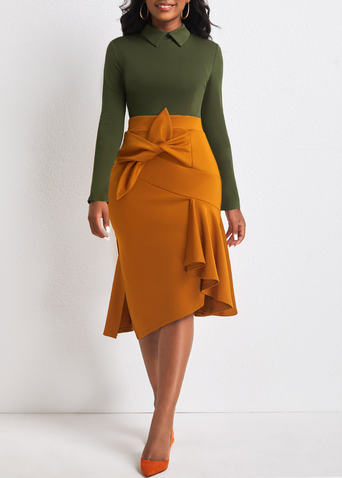 ROTITA Blackish Green Bowknot Side Slit Contrast Dress