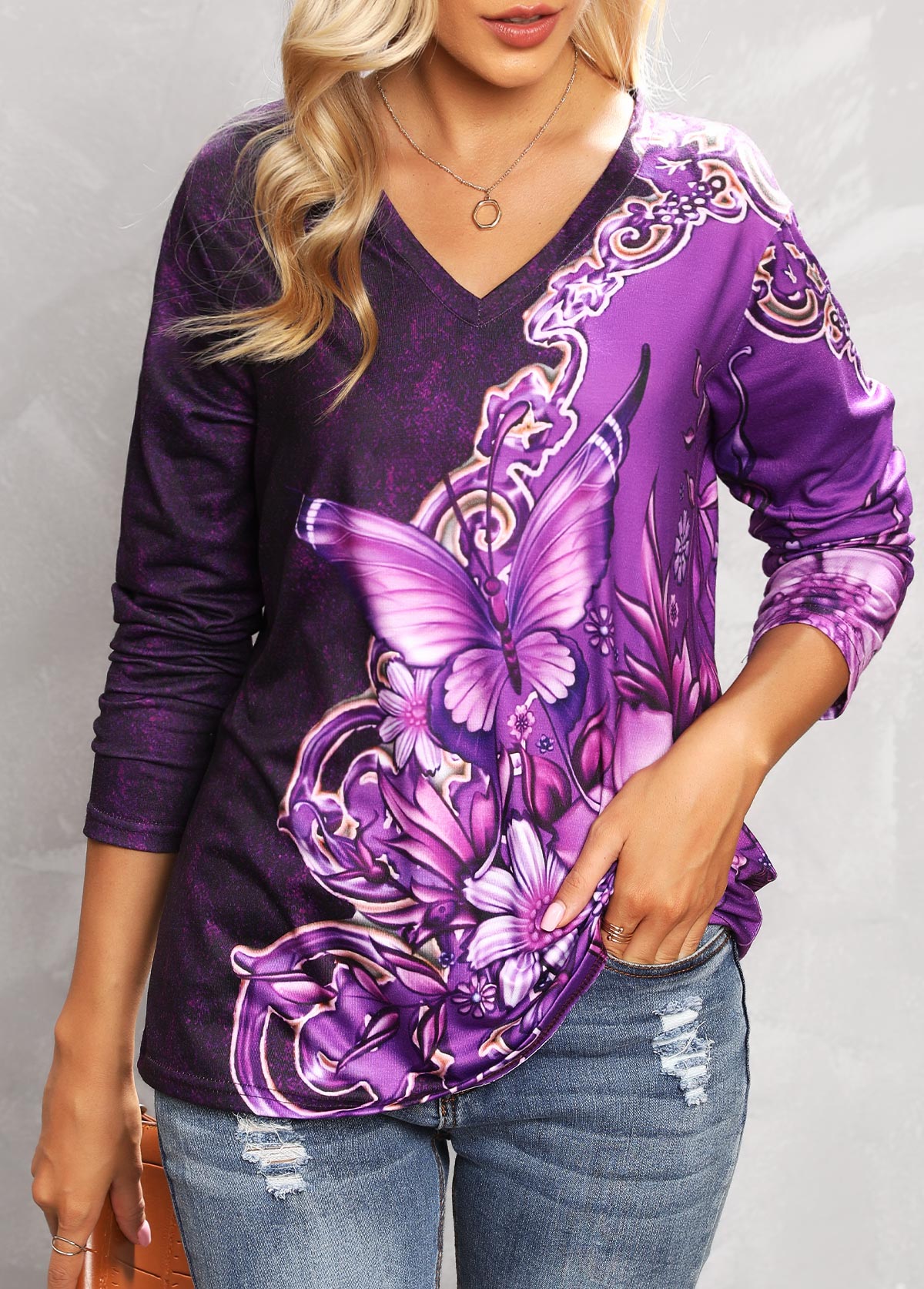 Butterfly Print Purple V Neck T Shirt