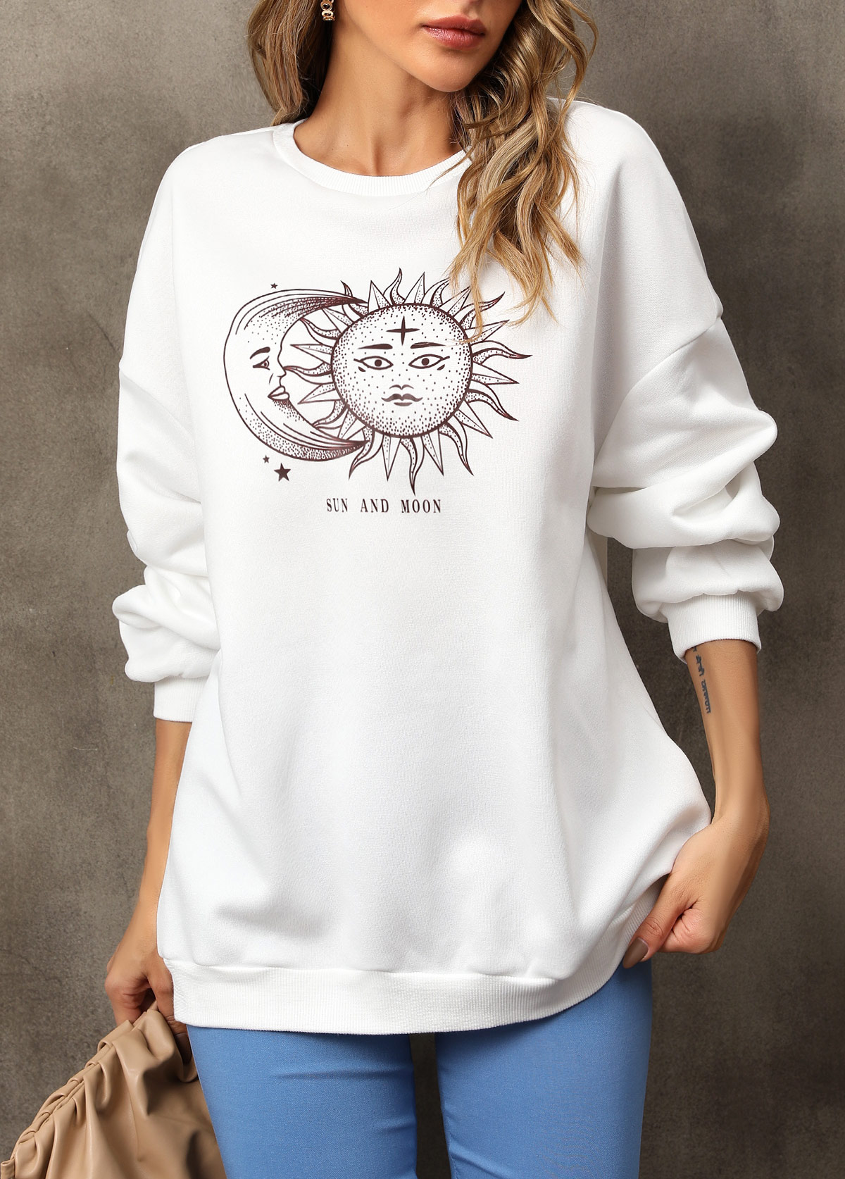 White tops,Other tops,Sun and Moon Print Long Sleeve White Sweatshirt