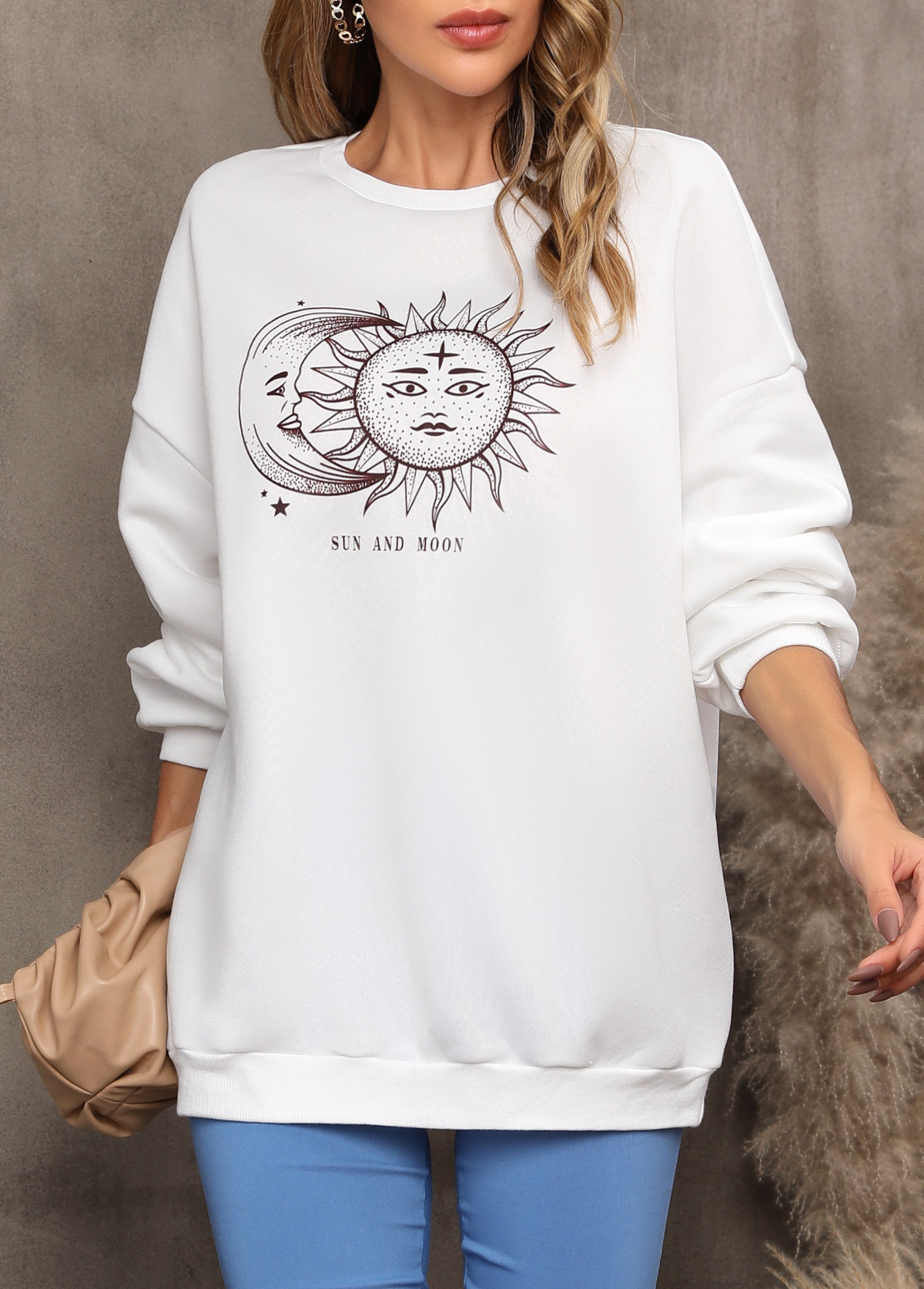 White tops,Other tops,Sun and Moon Print Long Sleeve White Sweatshirt