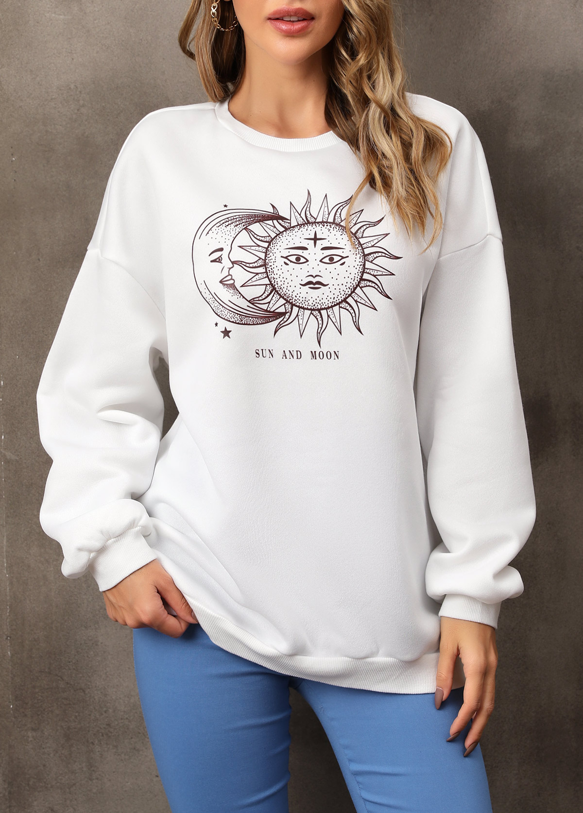 White tops,Other tops,Sun and Moon Print Long Sleeve White Sweatshirt