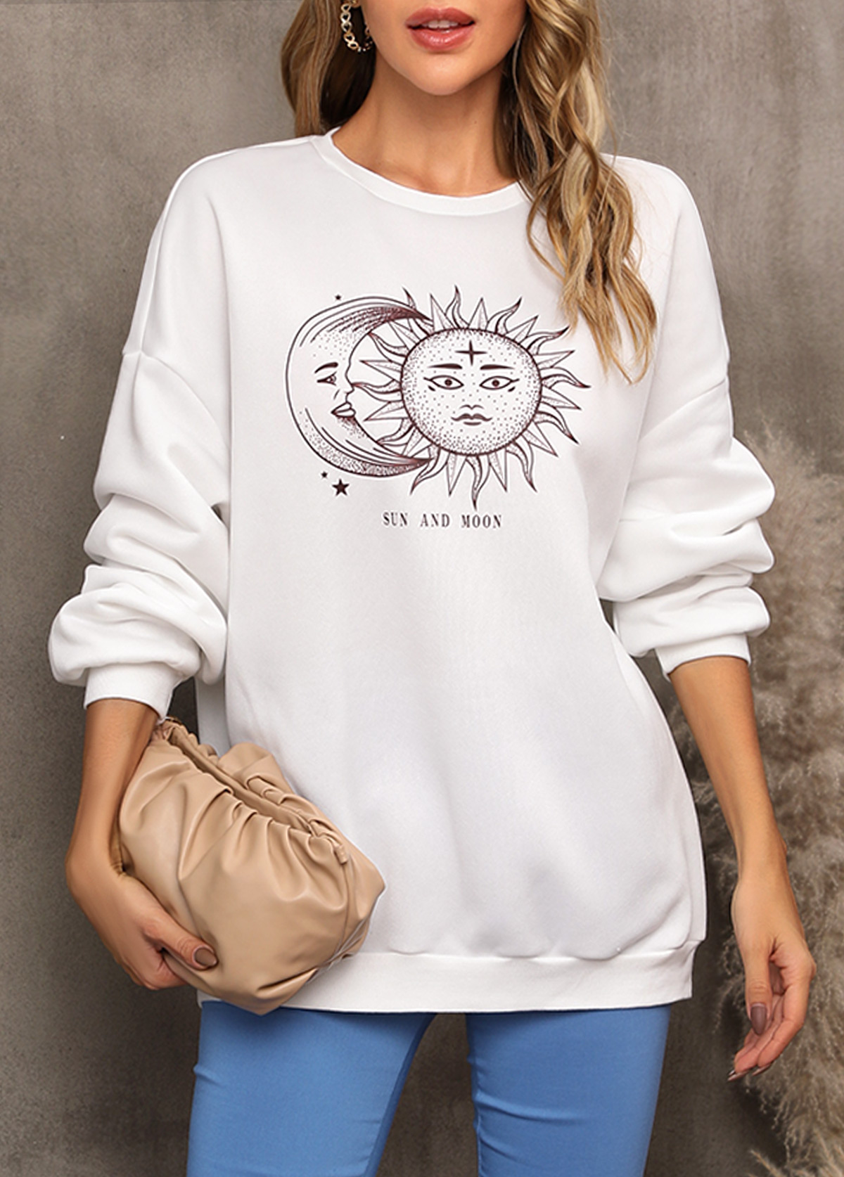 White tops,Other tops,Sun and Moon Print Long Sleeve White Sweatshirt