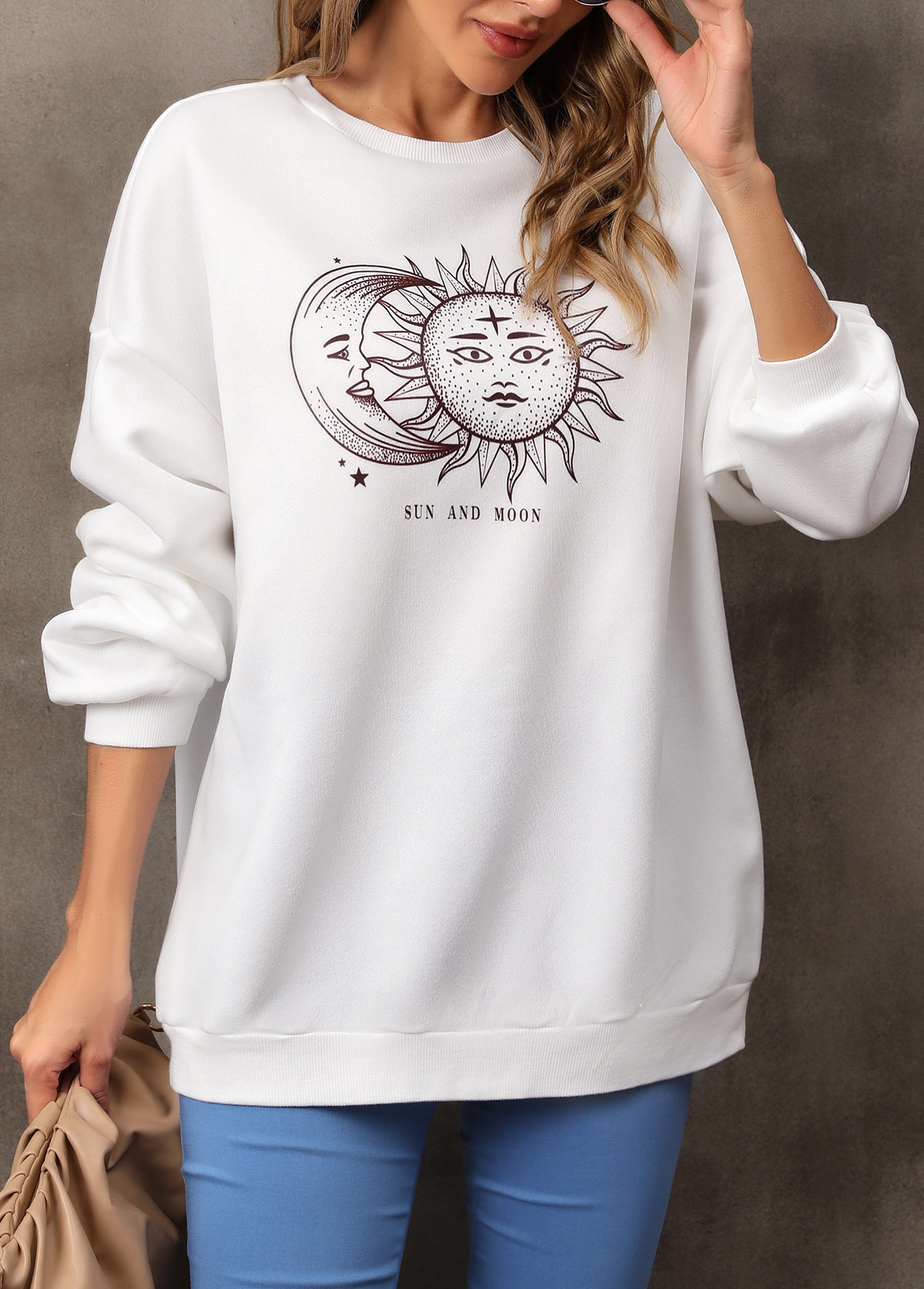 White tops,Other tops,Sun and Moon Print Long Sleeve White Sweatshirt