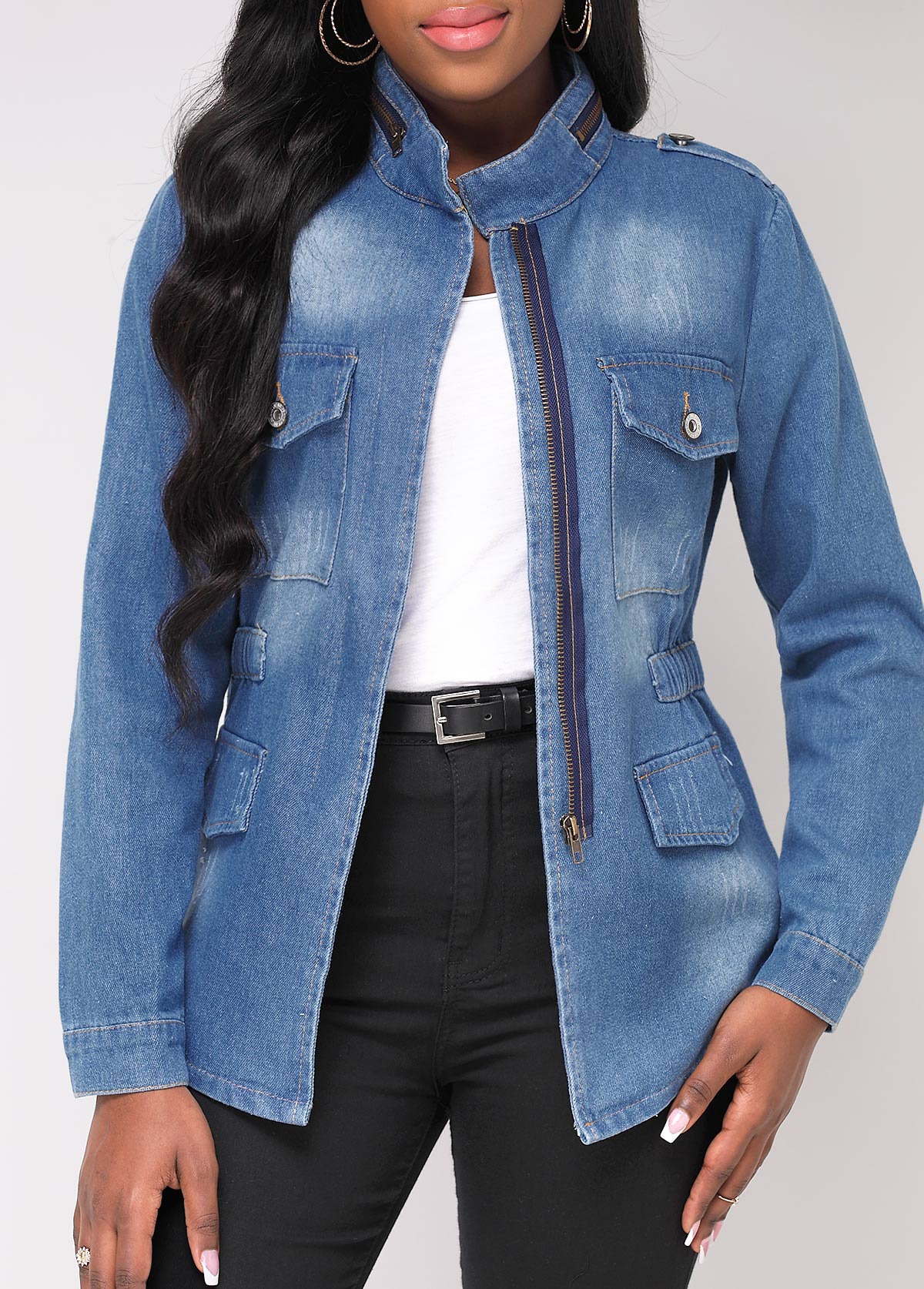 Denim Blue outerwear & coats,Plain Color outerwear & coats,Double Side Pockets Stand Collar Denim Blue Jacket