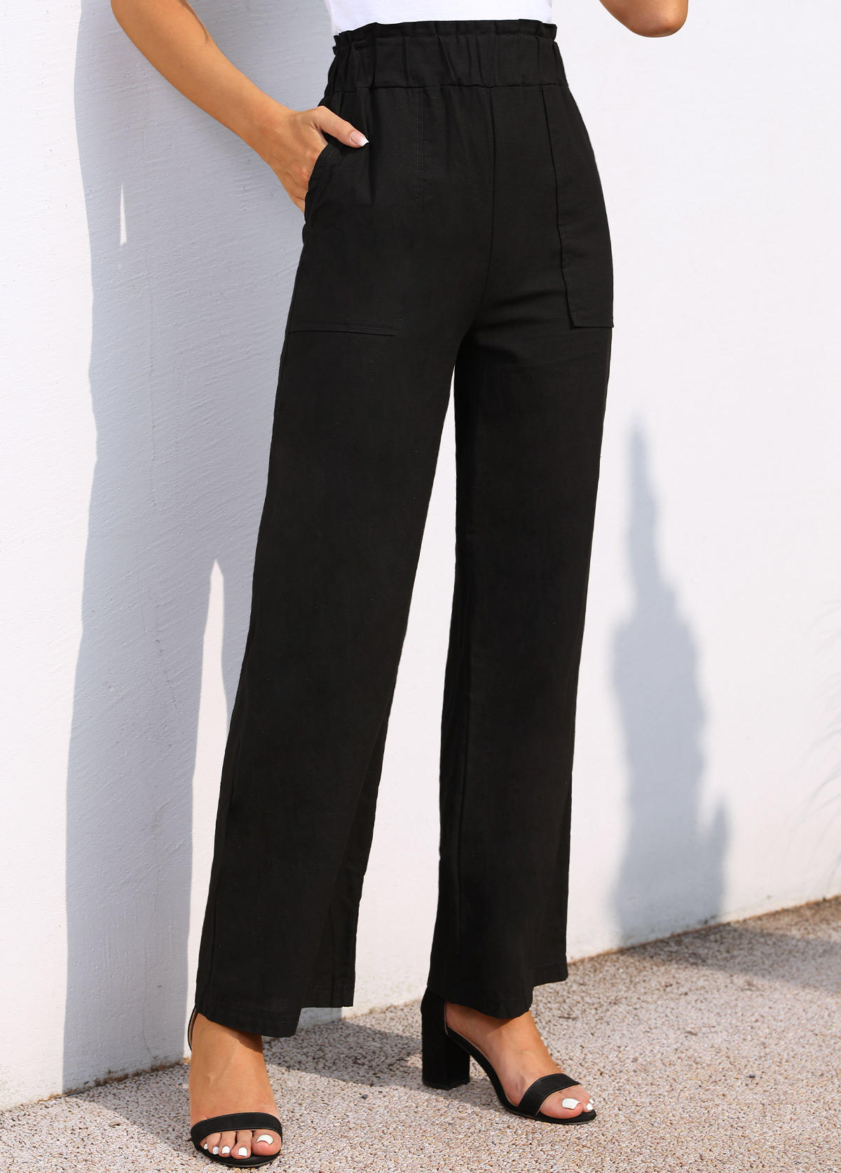 Black bottoms,Plain Color bottoms,Pocket Black Wide Leg Elastic Waist Pants