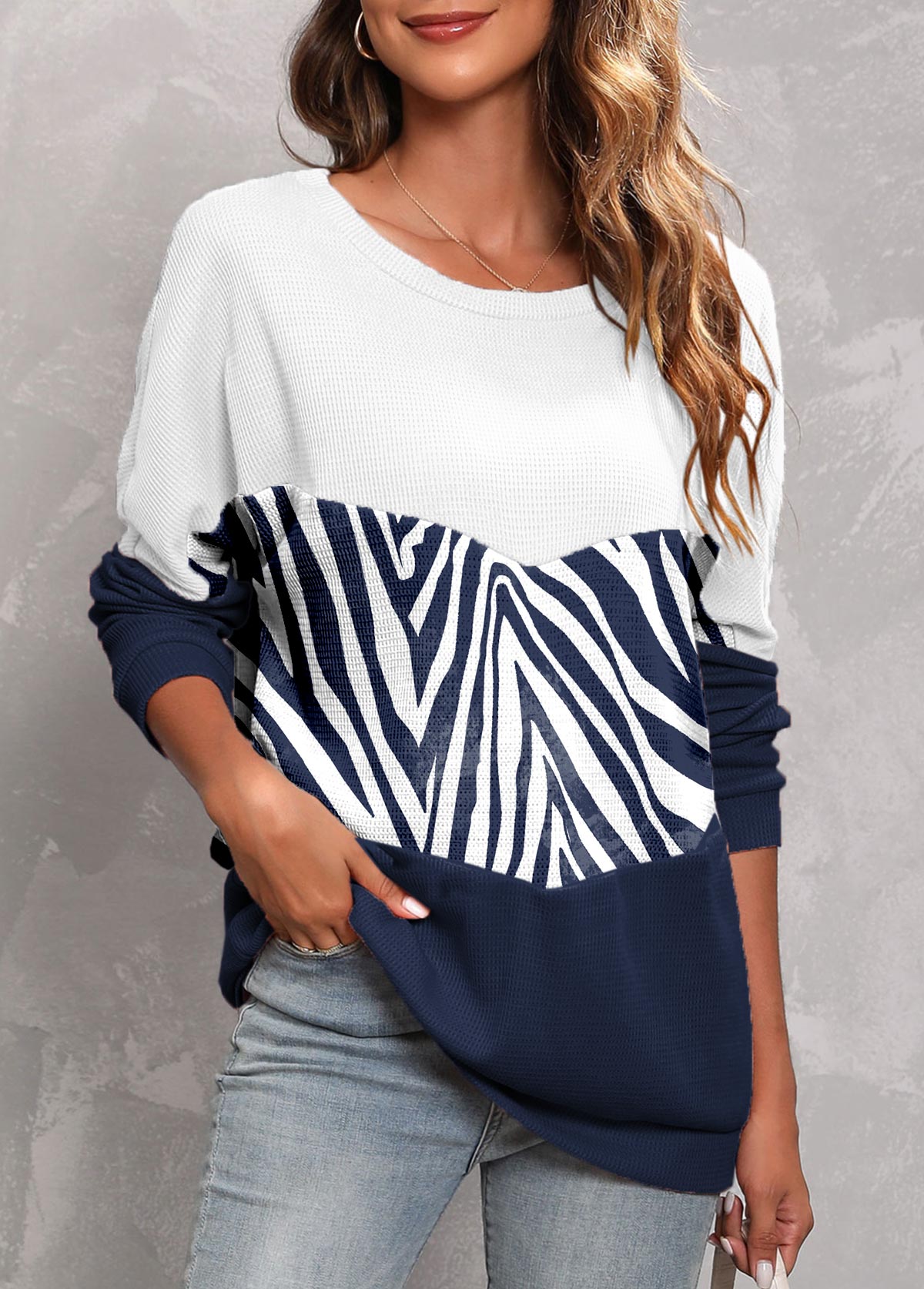Navy tops,Animal Print tops,ROTITA Navy Round Neck Long Sleeve Sweatshirt