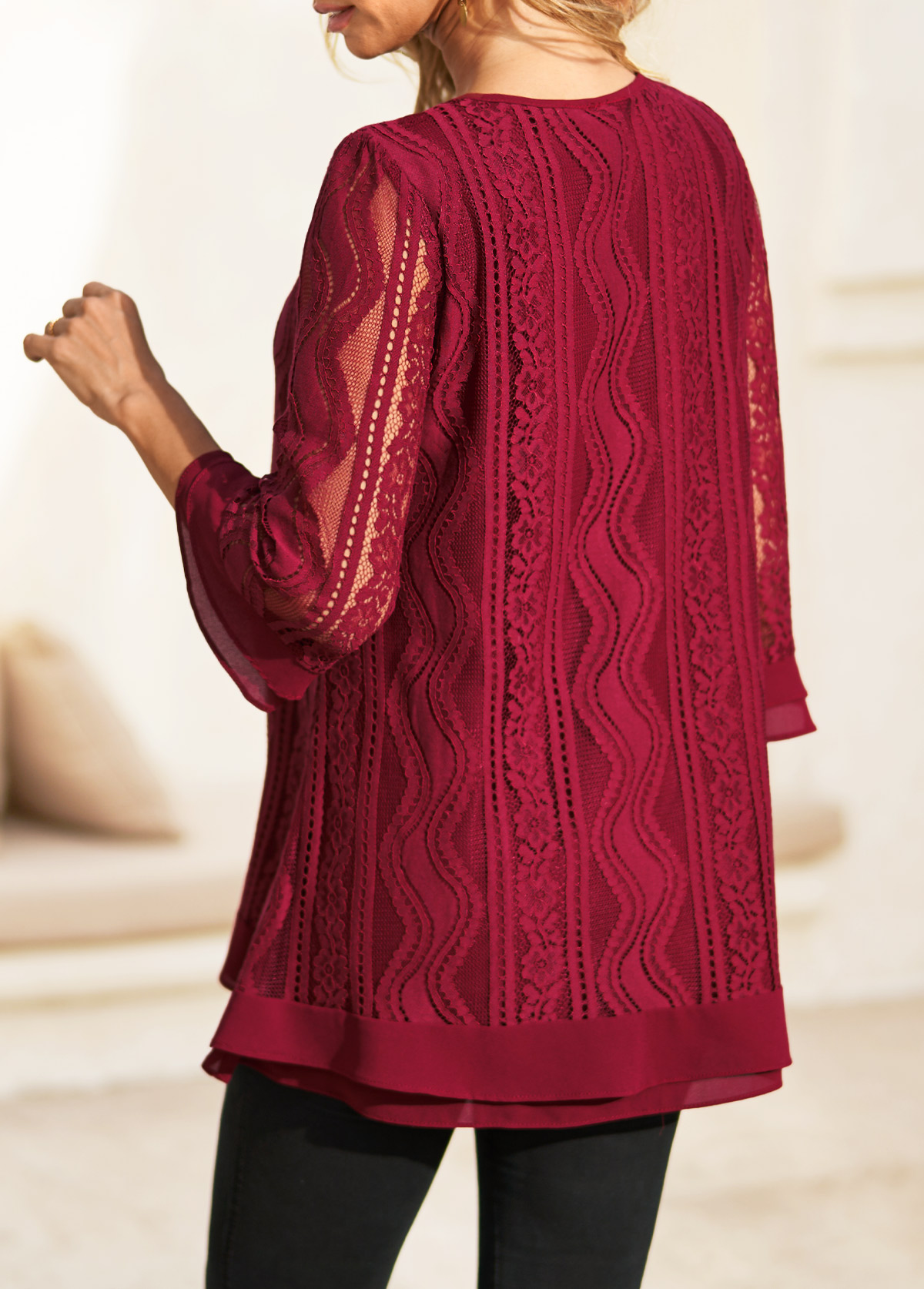 Wine Red tops,Plain Color tops,ROTITA 3/4 Sleeve Wine Red Lace Stitching Blouse