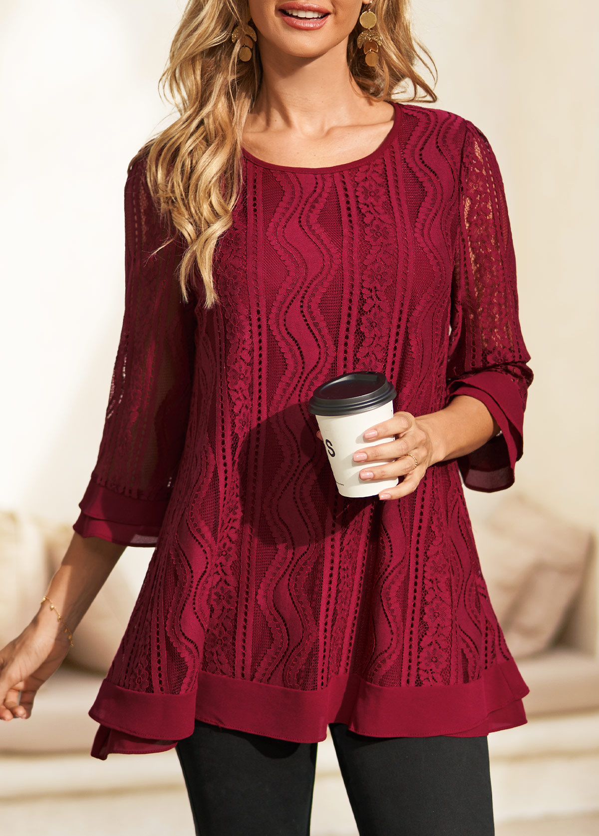 Wine Red tops,Plain Color tops,ROTITA 3/4 Sleeve Wine Red Lace Stitching Blouse