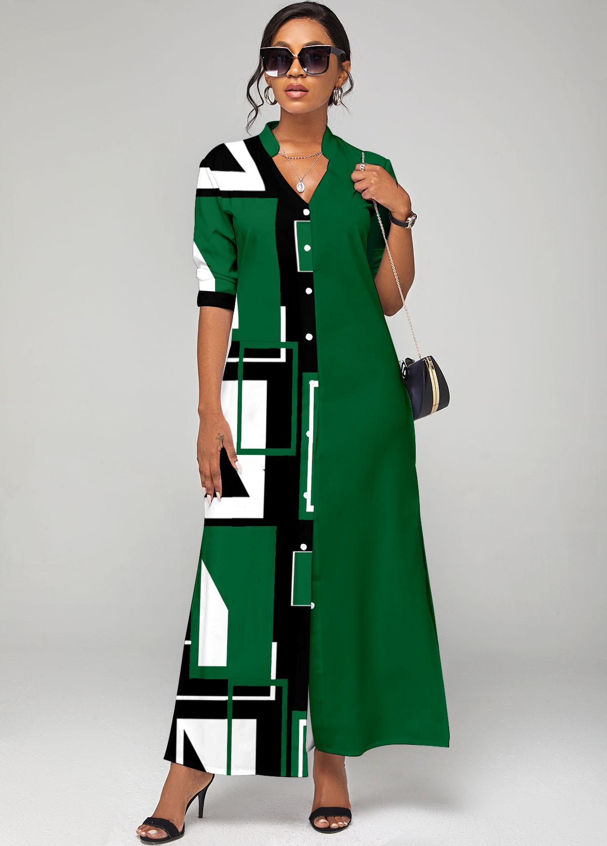Green dresses,Geometric dresses,ROTITA Green Geometric Print Button Up Split Neck Dress