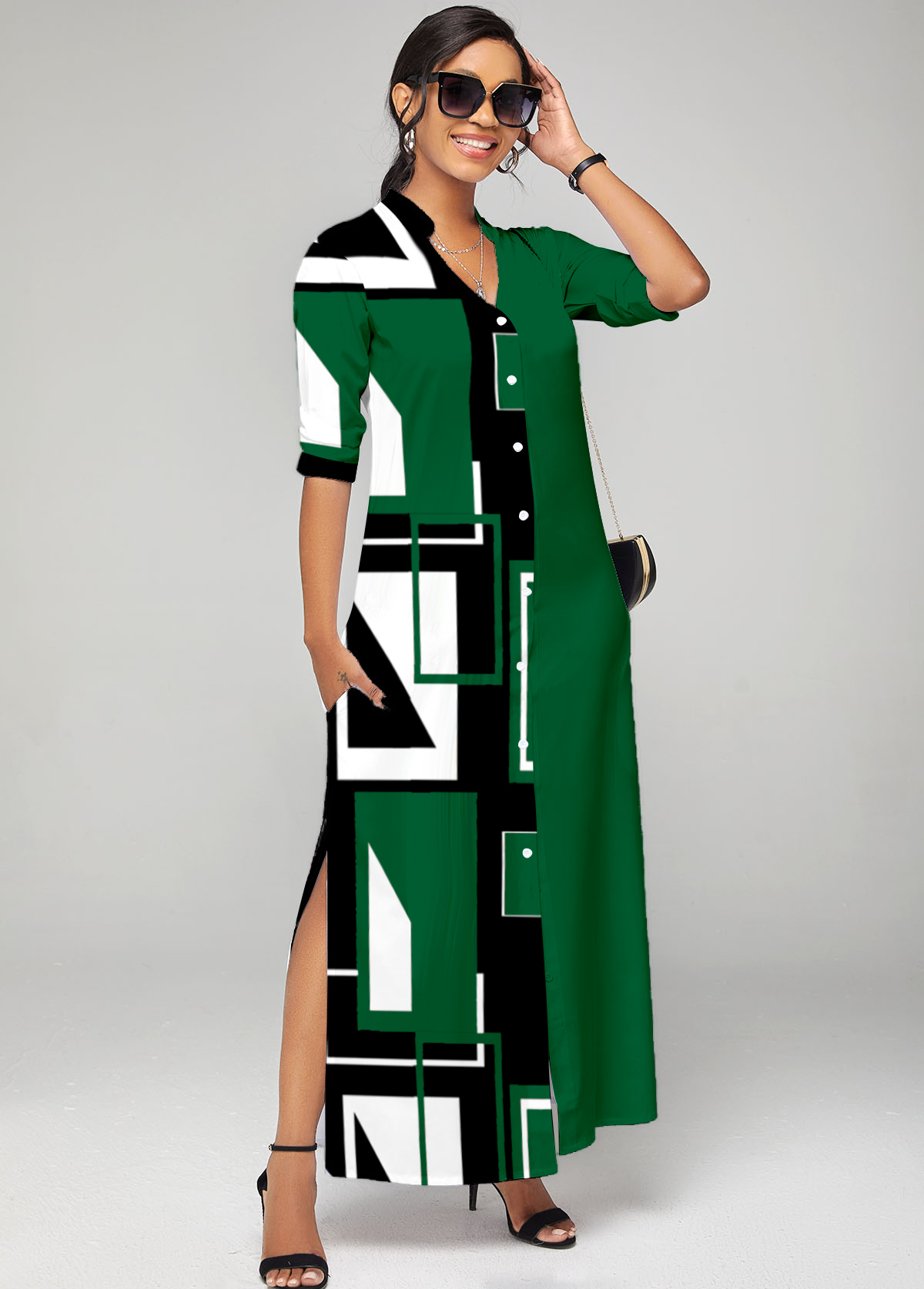 Green dresses,Geometric dresses,ROTITA Green Geometric Print Button Up Split Neck Dress